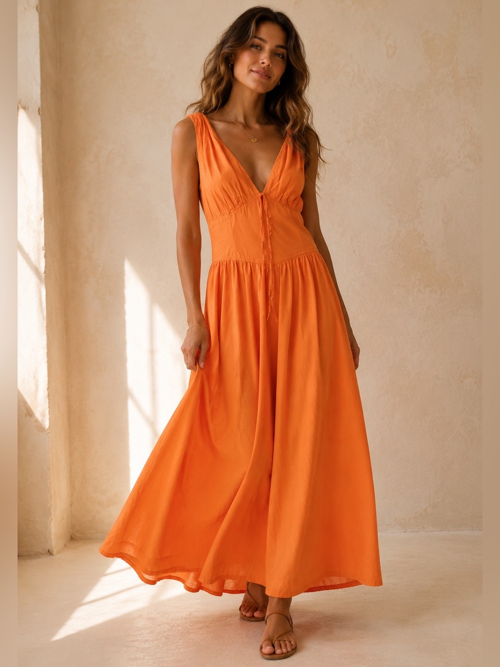 Band of the Free Smoked Waist V-Neck Orange Maxi Dress Cotton Bohemian